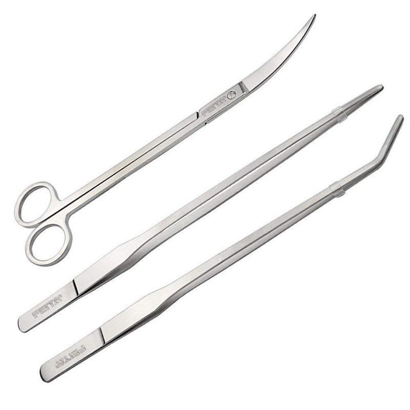 FEITA Aquarium Tweezer Set - FEITA Long Stainless Steel Curved & Straight Aquarium Feeding Tweezers Scissors Maintenance Tools Kit (3 Pcs) - Image 1